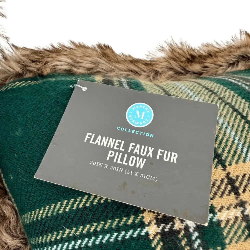 Martha Stewart 20x20 Green Plaid Flannel Faux Fur Decorative Throw Pillows Pair